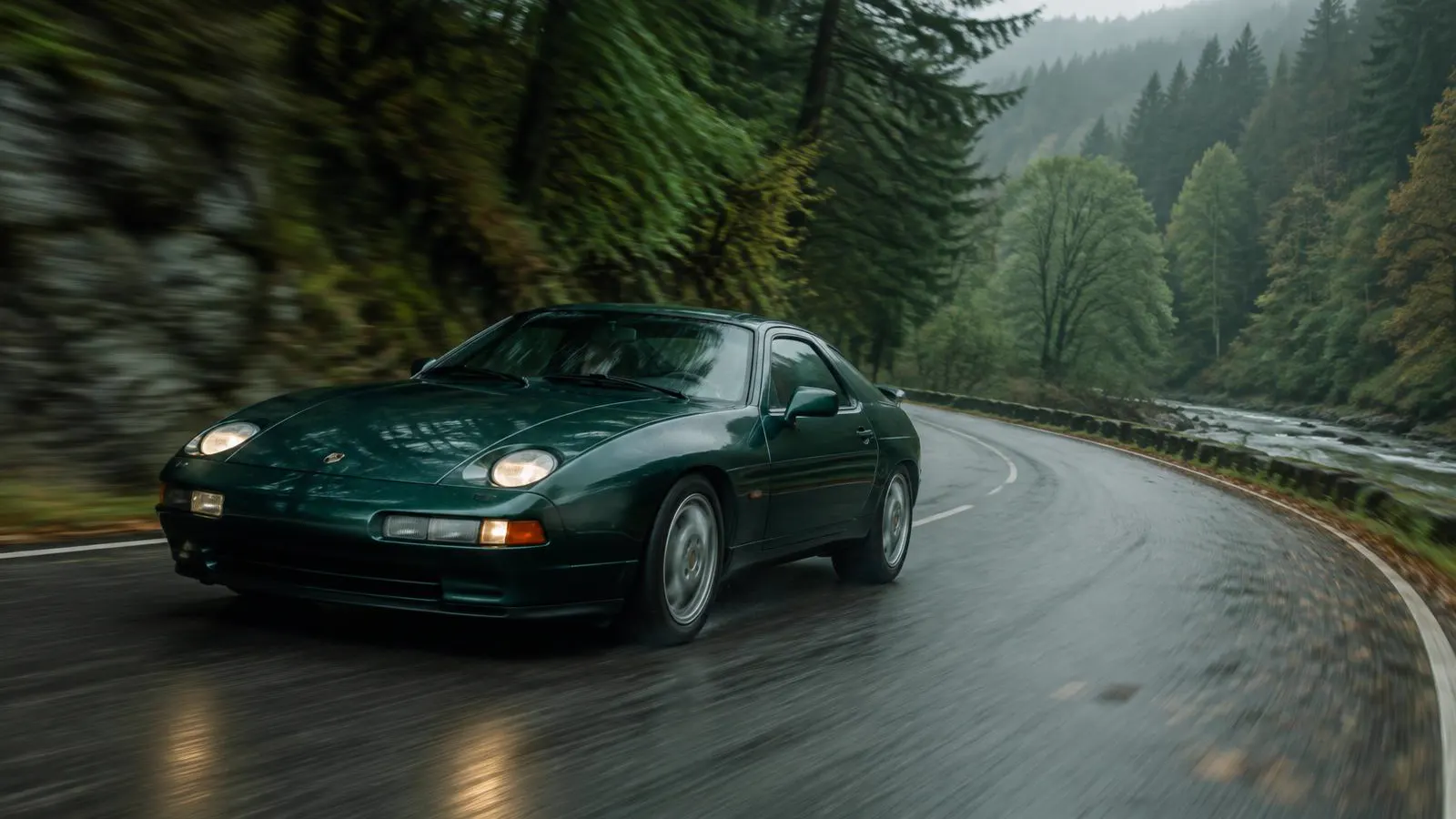 Un coupé sportif vert foncé des années 90 sur une route de forêt mouillée dans les Ardennes