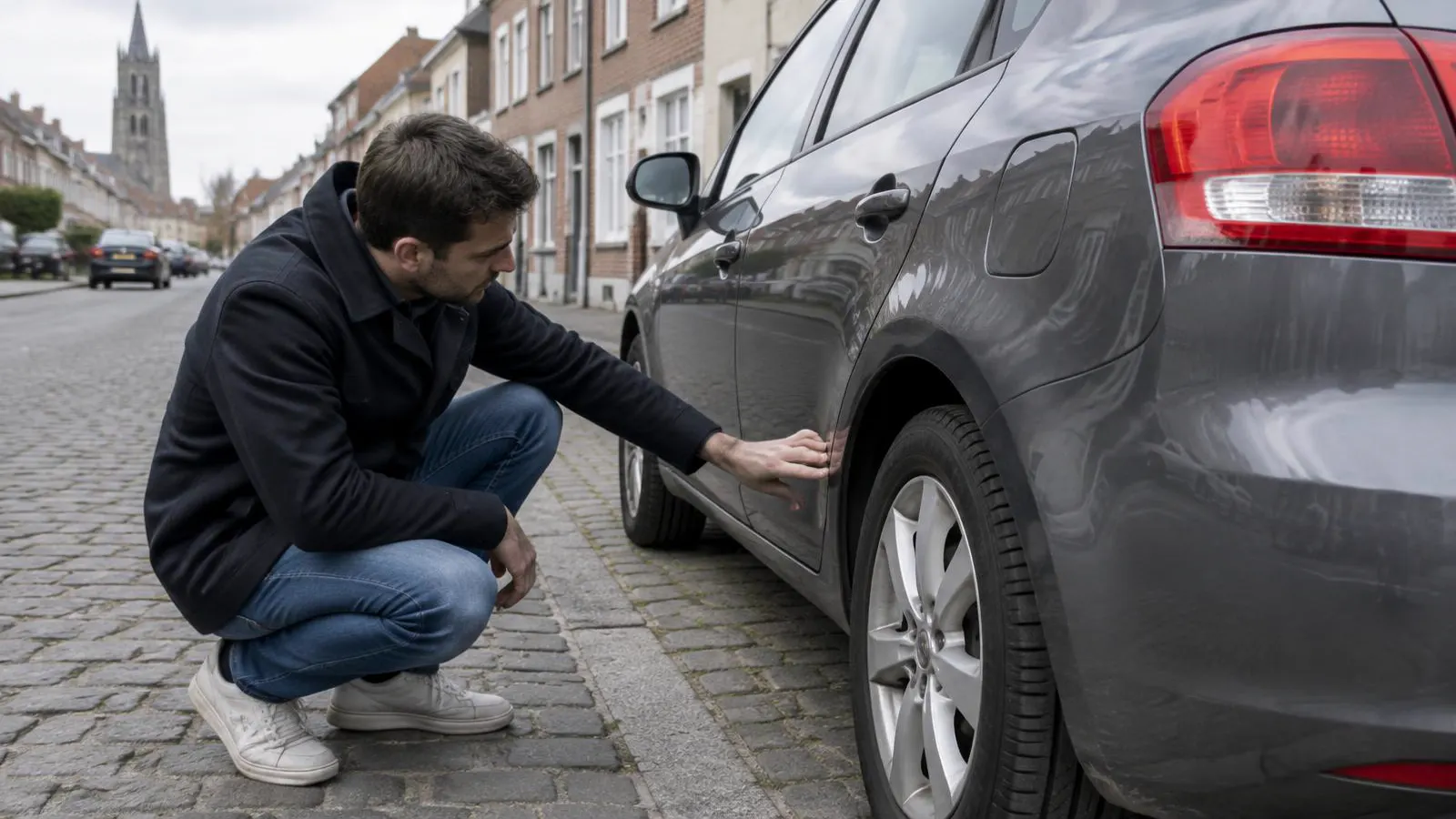 Acheteur accroupi qui inspecte la carrosserie d'une voiture d'occasion dans une rue pavée